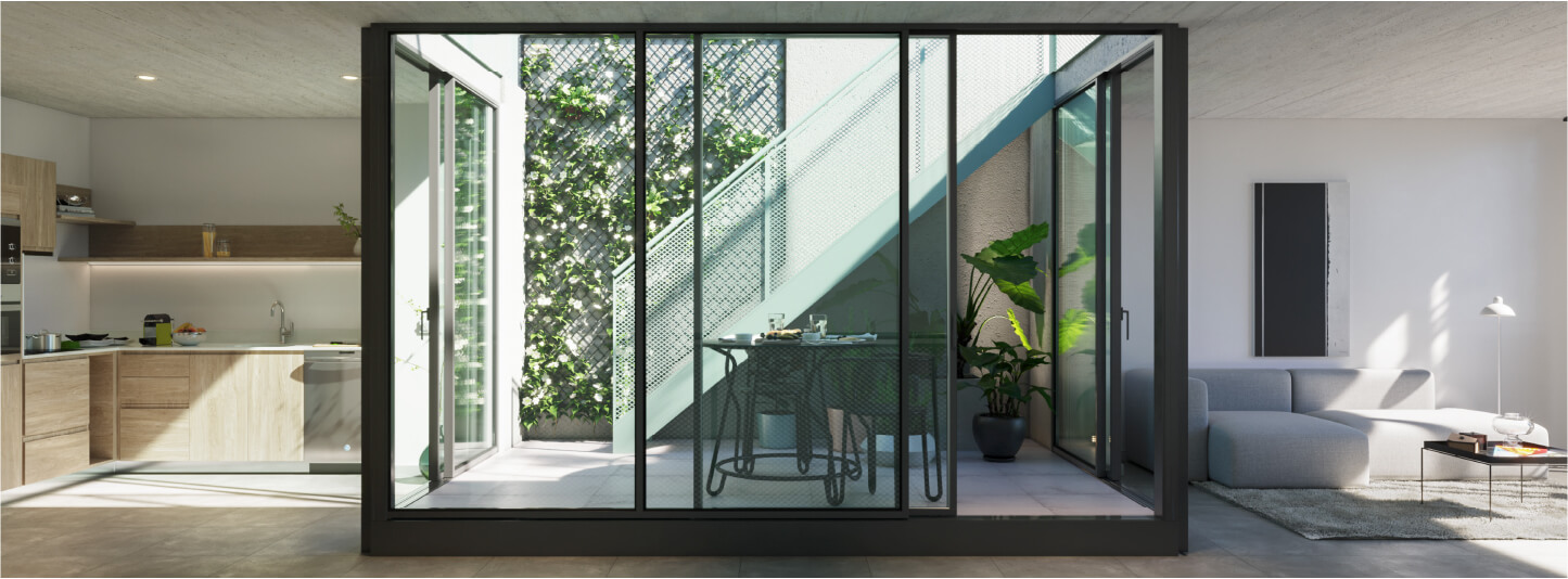 Townhouse 202 en piso 4:  Vista cocina, patio y living