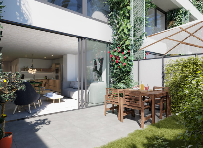 Townhouse 102 en piso 1: Vista patio, living y cocina